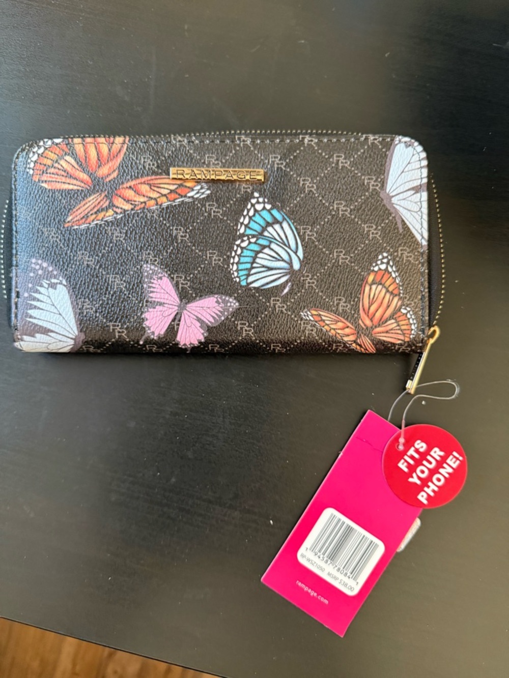 Rampage Black Zip-Around Wallet with Multicolor Butterfly Print